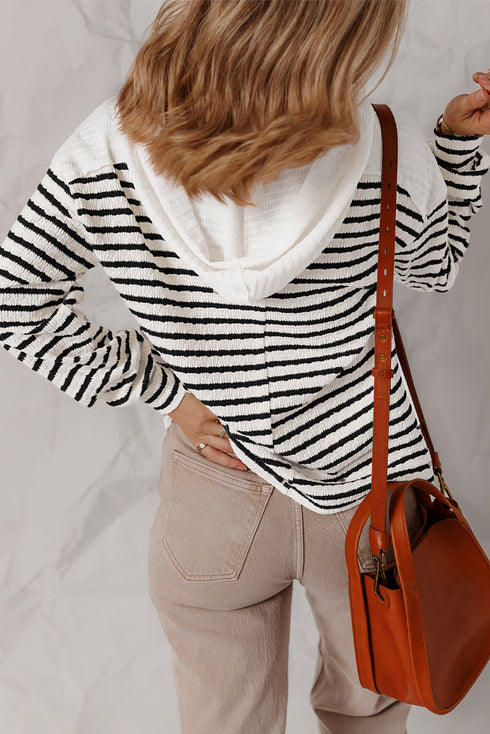 Textured Stripe Notched Button Tab V Neck Drop Shoulder Long Sleeve Top